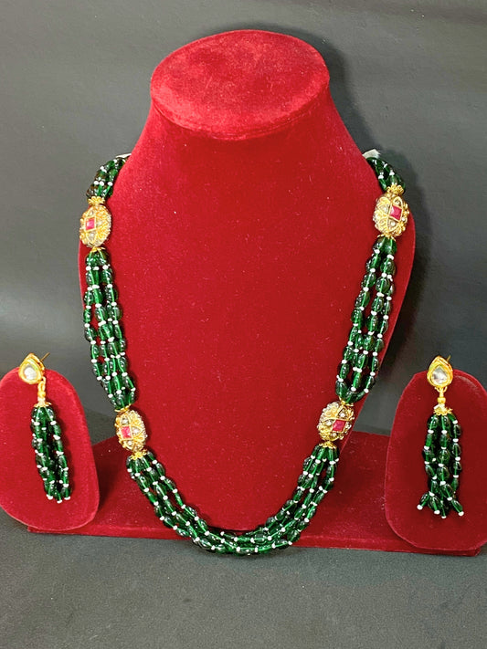 Green Beaded Multi Strand Long Necklace Set with Kundan Work & Matching Earrings