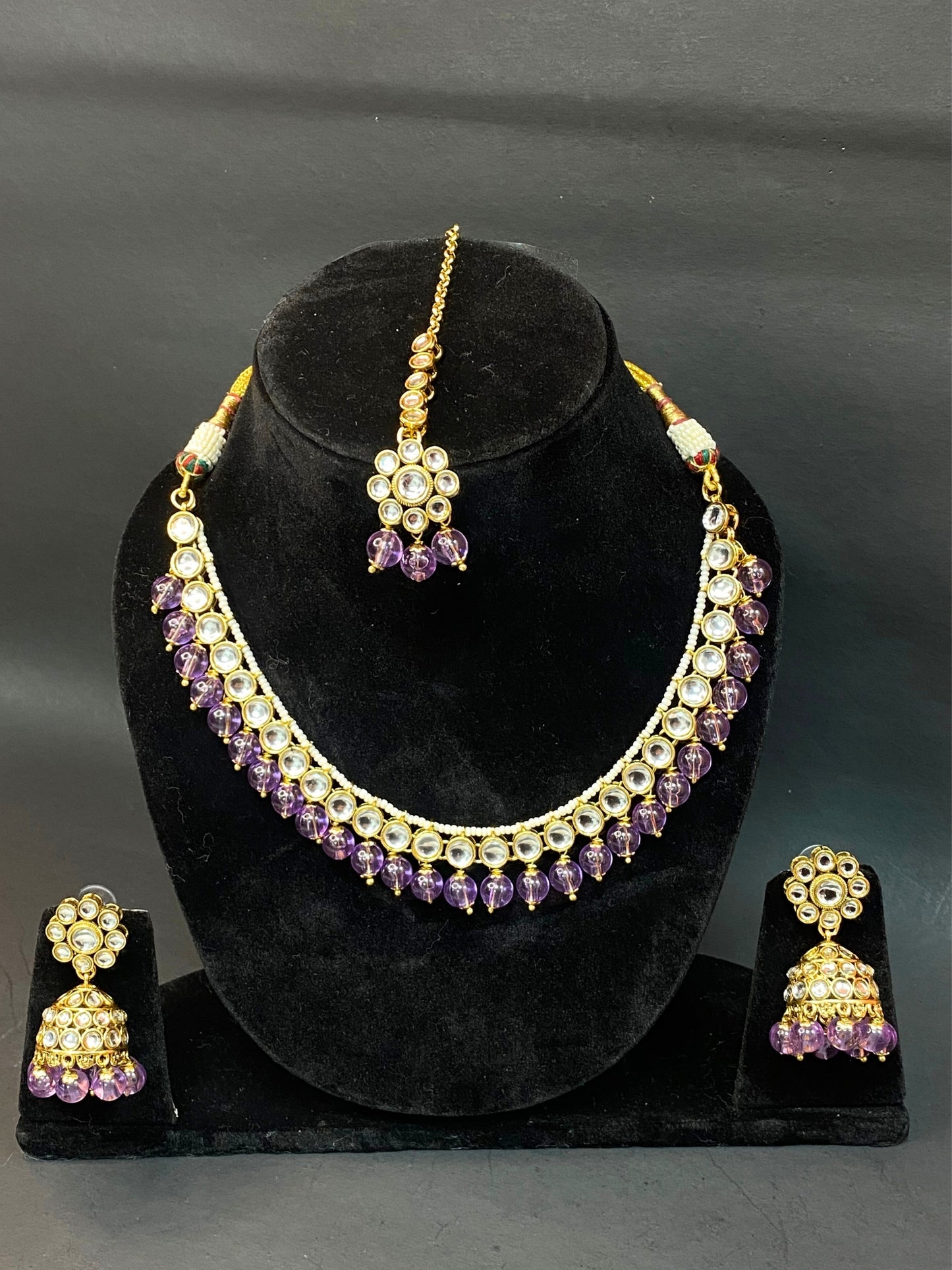 Traditional Kundan Jewellery Set with Jhumka & Purple Beads