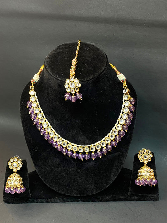 Traditional Kundan Jewellery Set with Jhumka & Purple Beads