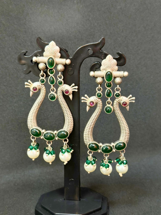 Oxidised Silver Peacock-Design Earrings with Green Stones & Pearl Beads