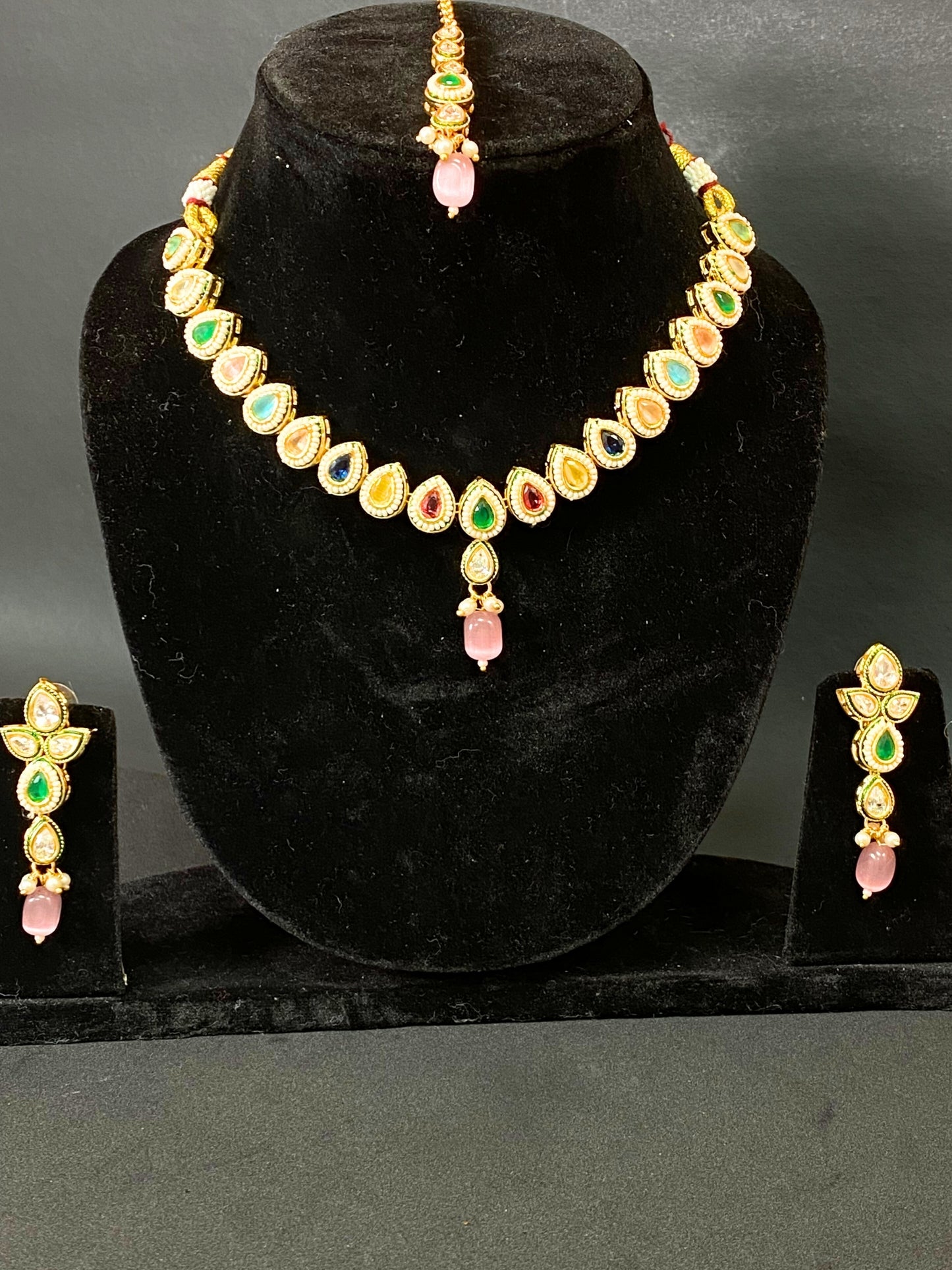 Multicolor Kundan Necklace Set with Pink Drop Pendant, Earrings & Maang Tikka