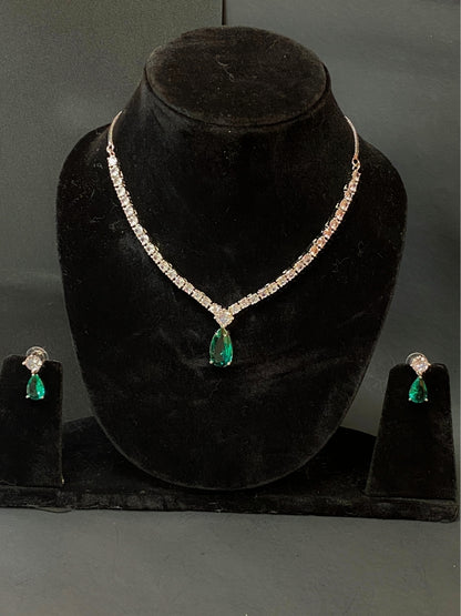 Party Wear AD Necklace Set with Emerald Green Drop