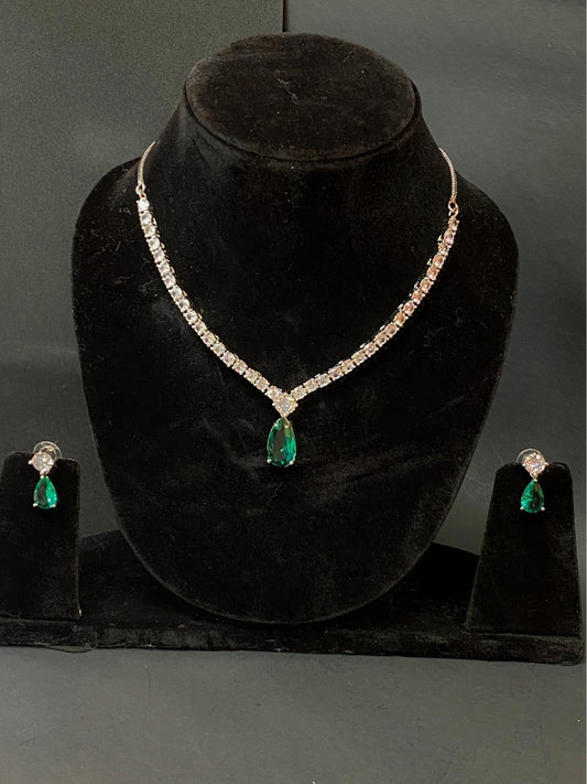 Party Wear AD Necklace Set with Emerald Green Drop