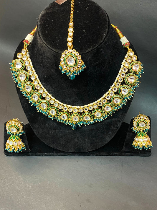 Designer Kundan Necklace Set with Green Beads & Maang Tikka