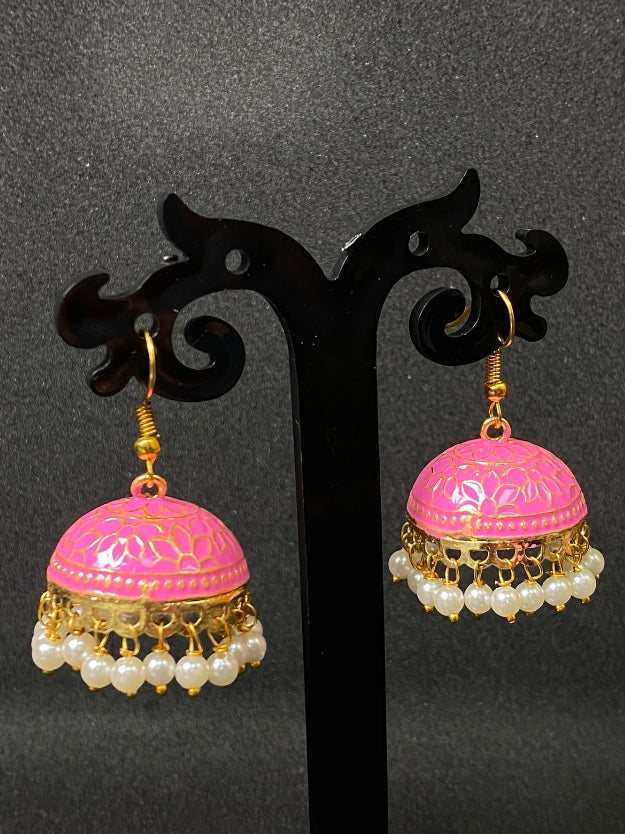 Meenakari Jhumka Earrings with Pearl Drops - Traditional Indian Ethnic Jewelry