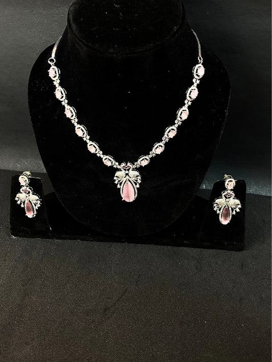 Premium Party Wear AD Necklace Set with Pink Drop Pendant