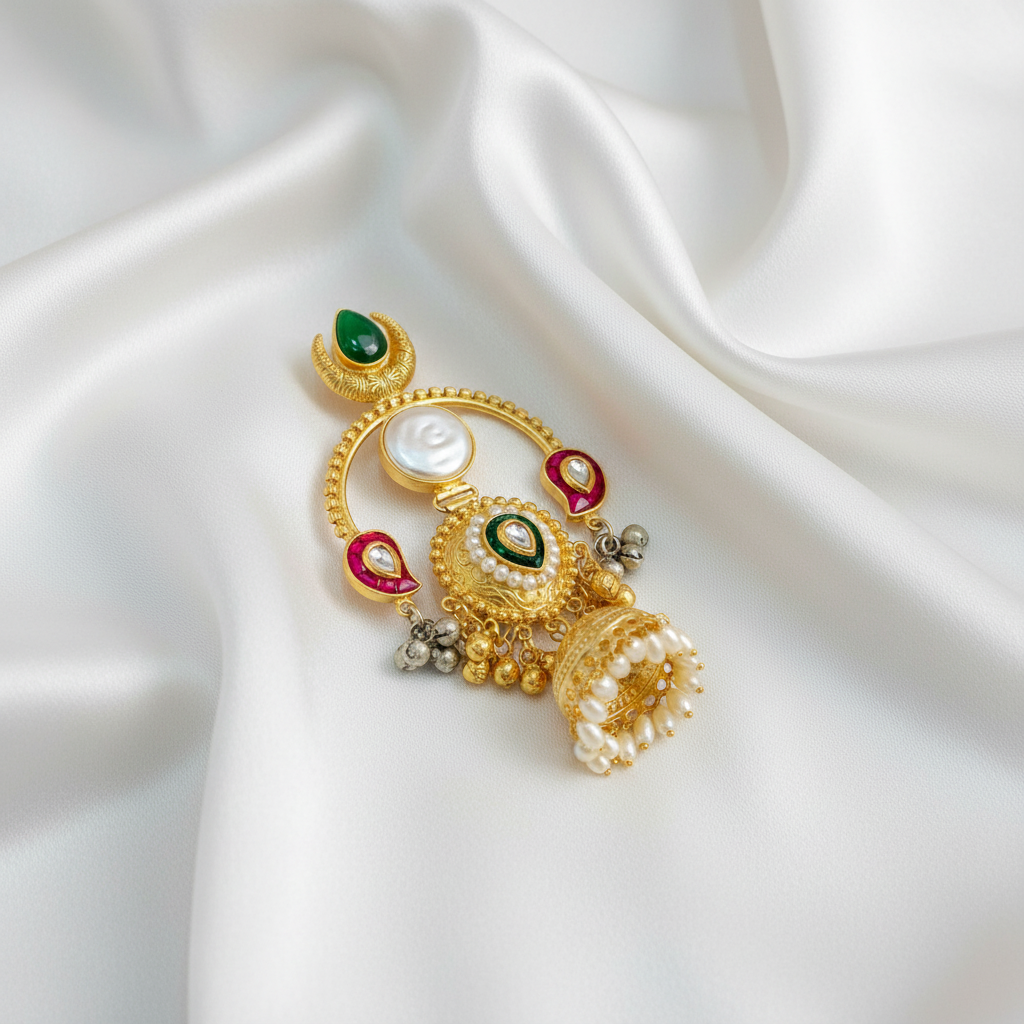Traditional Gold-Plated Kundan & Pearl Temple Jhumka Earrings