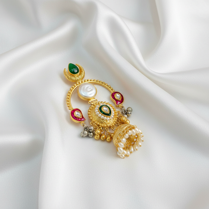 Traditional Gold-Plated Kundan & Pearl Temple Jhumka Earrings