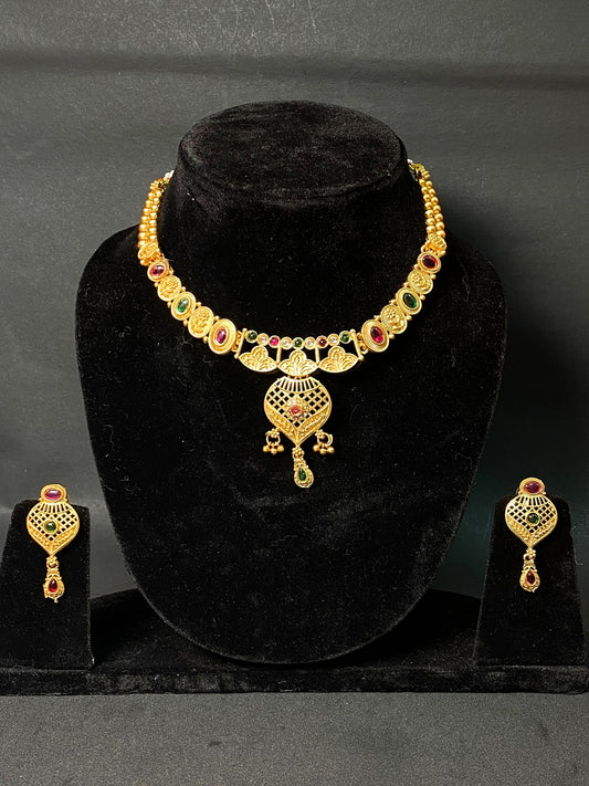 Traditional Necklace Set with Green & Red Stone Pendant and Matching Earrings