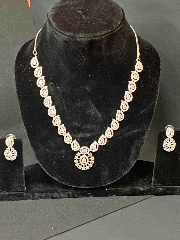 Designer Silver-Plated American Diamond Necklace Set with Matching Earrings