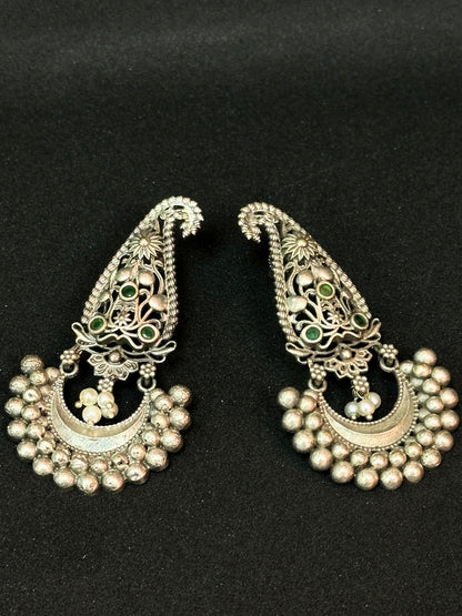 Oxidised Silver Jhumka Earrings with Silver Pearl & Green Stone Detailing