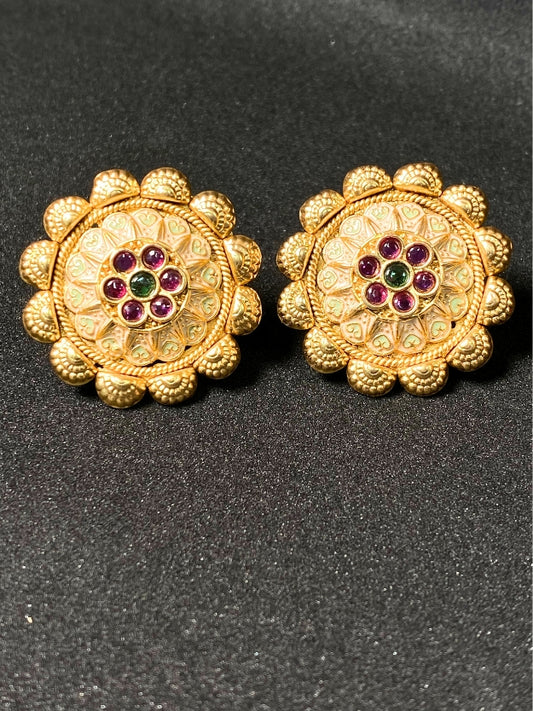 Traditional Gold Plated Flower Stud Earrings with Kemp Stones - Temple Jewelry Style Earrings for Women