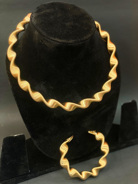 Golden Wave Design Necklace Set with Matching Hoop Bracelet