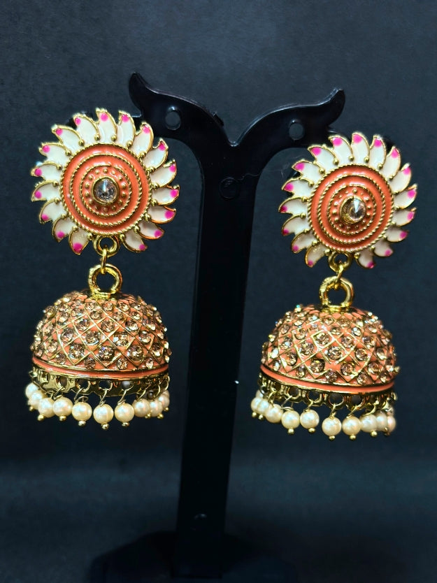 Orange & White Meenakari Jhumka Earrings with Pearl Drops