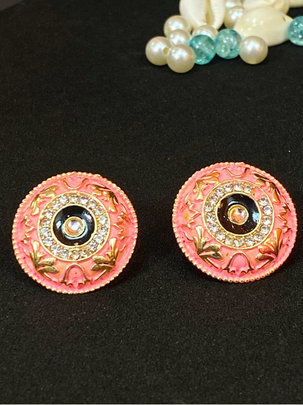 Meenakari Round Stud Earrings with Imitation Stone