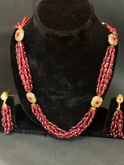 Maroon Beaded Multi Strand Long Necklace Set with Kundan Work & Matching Earrings