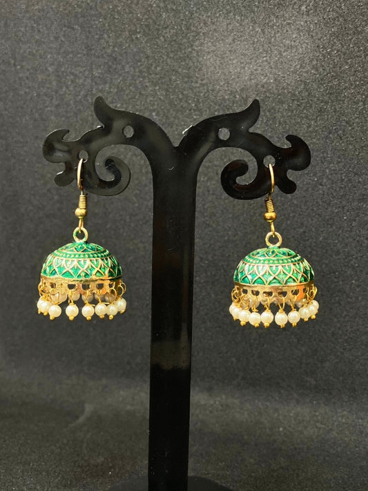 Meenakari Jhumka Earrings with Pearl Drops - Traditional Indian Ethnic Jewelry