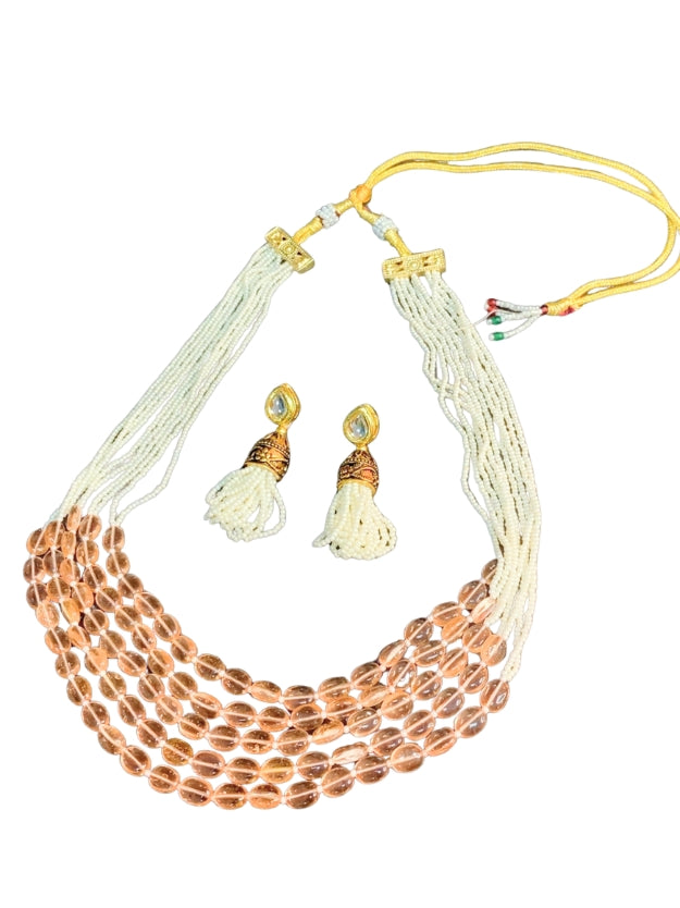 Multi-Layer Beaded Necklace with Pearl Tassel Earrings
