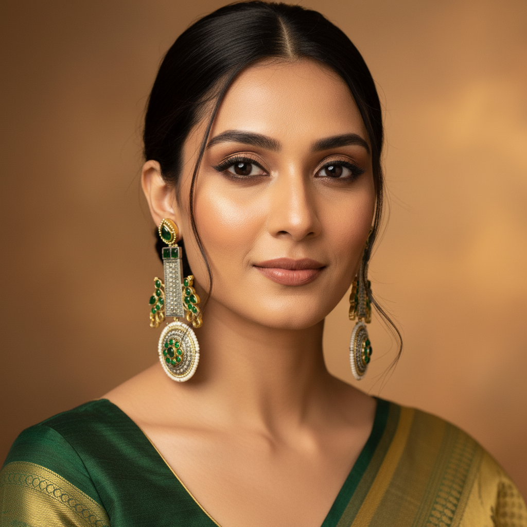 Oxidized Dual Tone Jhoomar Earrings with Green Kundan Stones