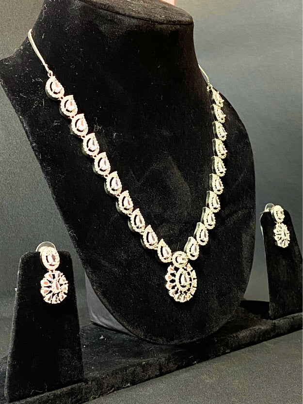 Designer Silver-Plated American Diamond Necklace Set with Matching Earrings