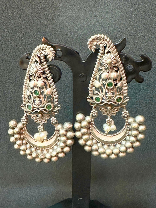 Oxidised Silver Jhumka Earrings with Silver Pearl & Green Stone Detailing