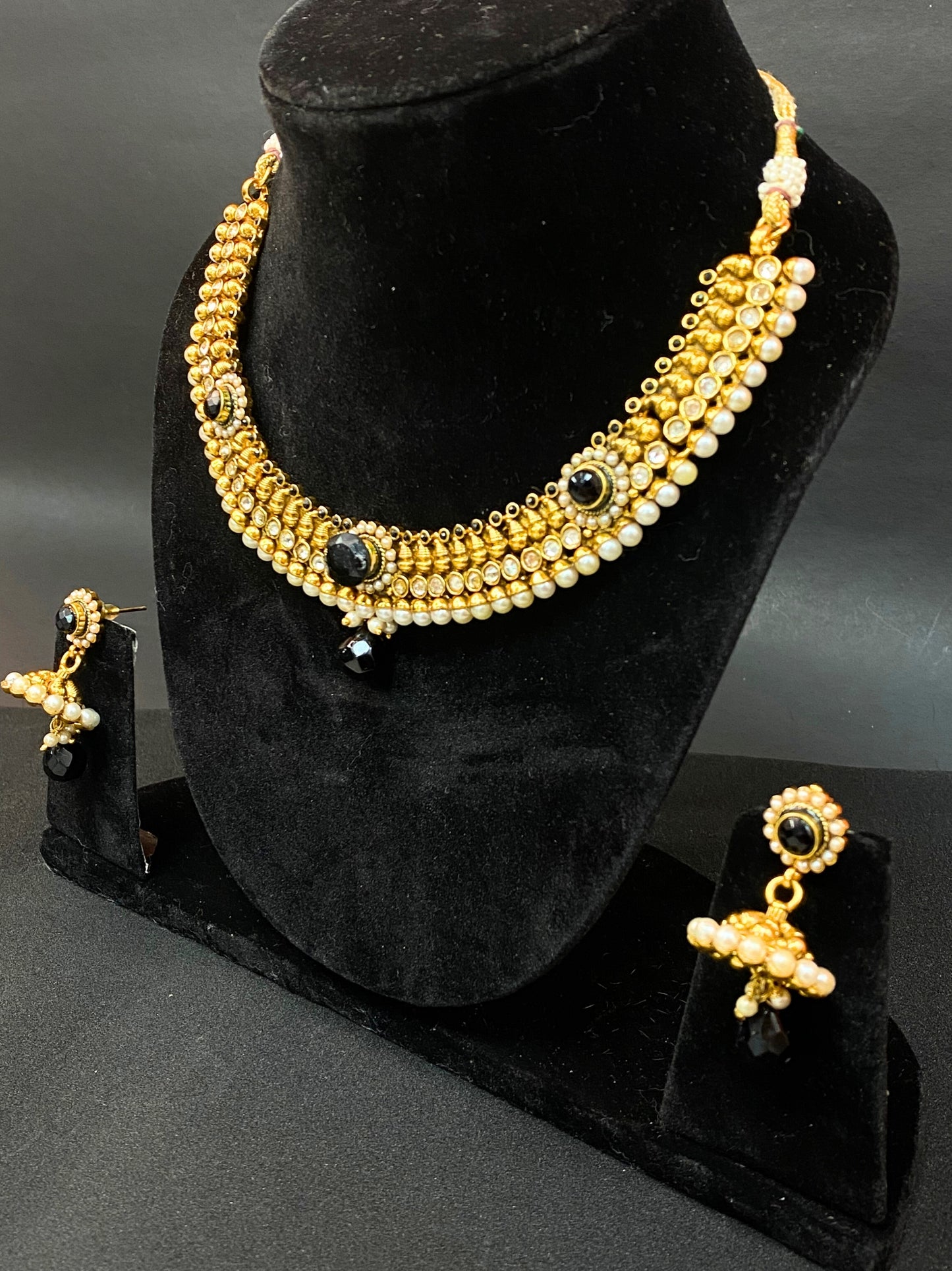 Traditional Party Wear Kundan & Pearl Necklace Set with Gold, Black & White Beads