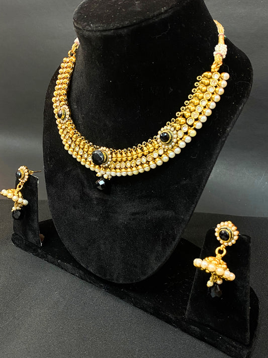 Traditional Party Wear Kundan & Pearl Necklace Set with Gold, Black & White Beads