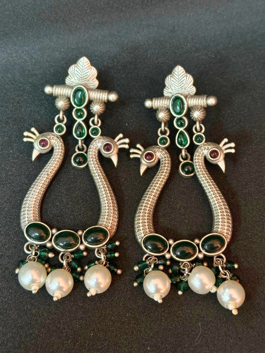 Oxidised Silver Peacock-Design Earrings with Green Stones & Pearl Beads