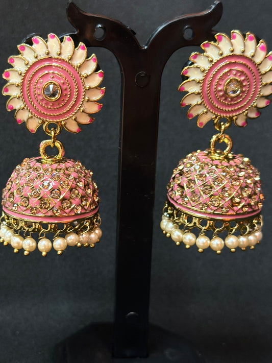 Designer Pink & White Meenakari Jhumka Earrings with Pearl Drops