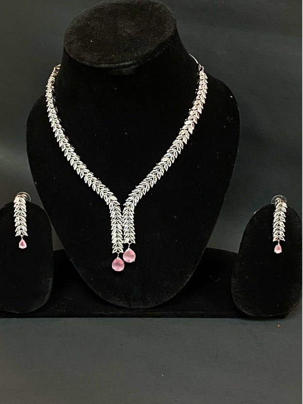 Party Wear Silver Finish AD Jewellery Set with Pink Crystal Drops