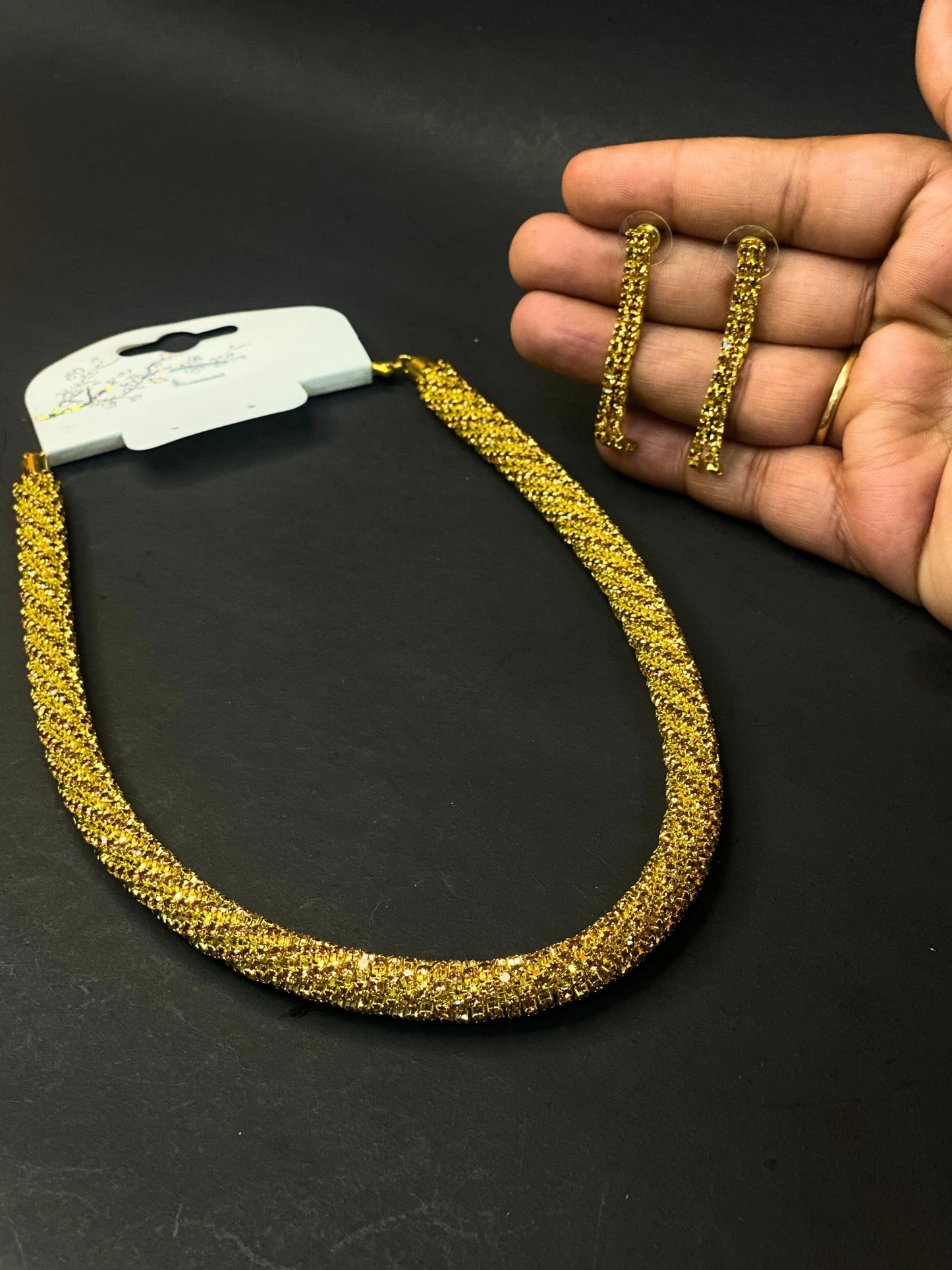 Golden Crystal Studded Necklace Set with Matching Drop Earrings