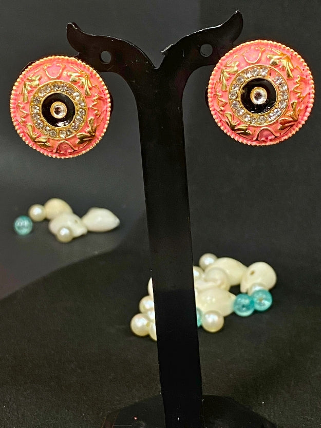 Meenakari Round Stud Earrings with Imitation Stone