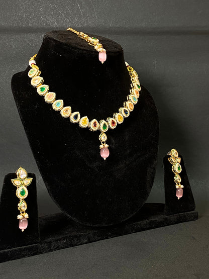 Multicolor Kundan Necklace Set with Pink Drop Pendant, Earrings & Maang Tikka