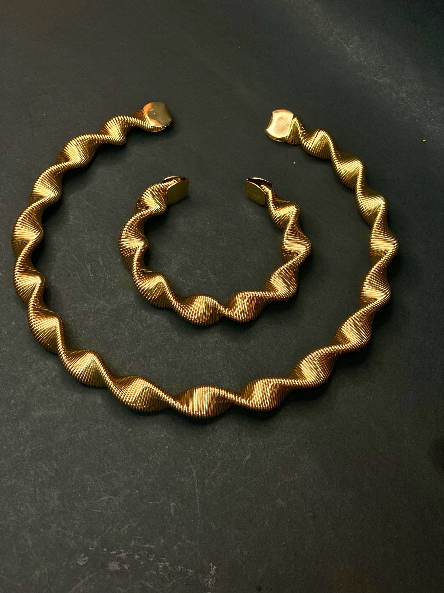 Golden Wave Design Necklace Set with Matching Hoop Bracelet