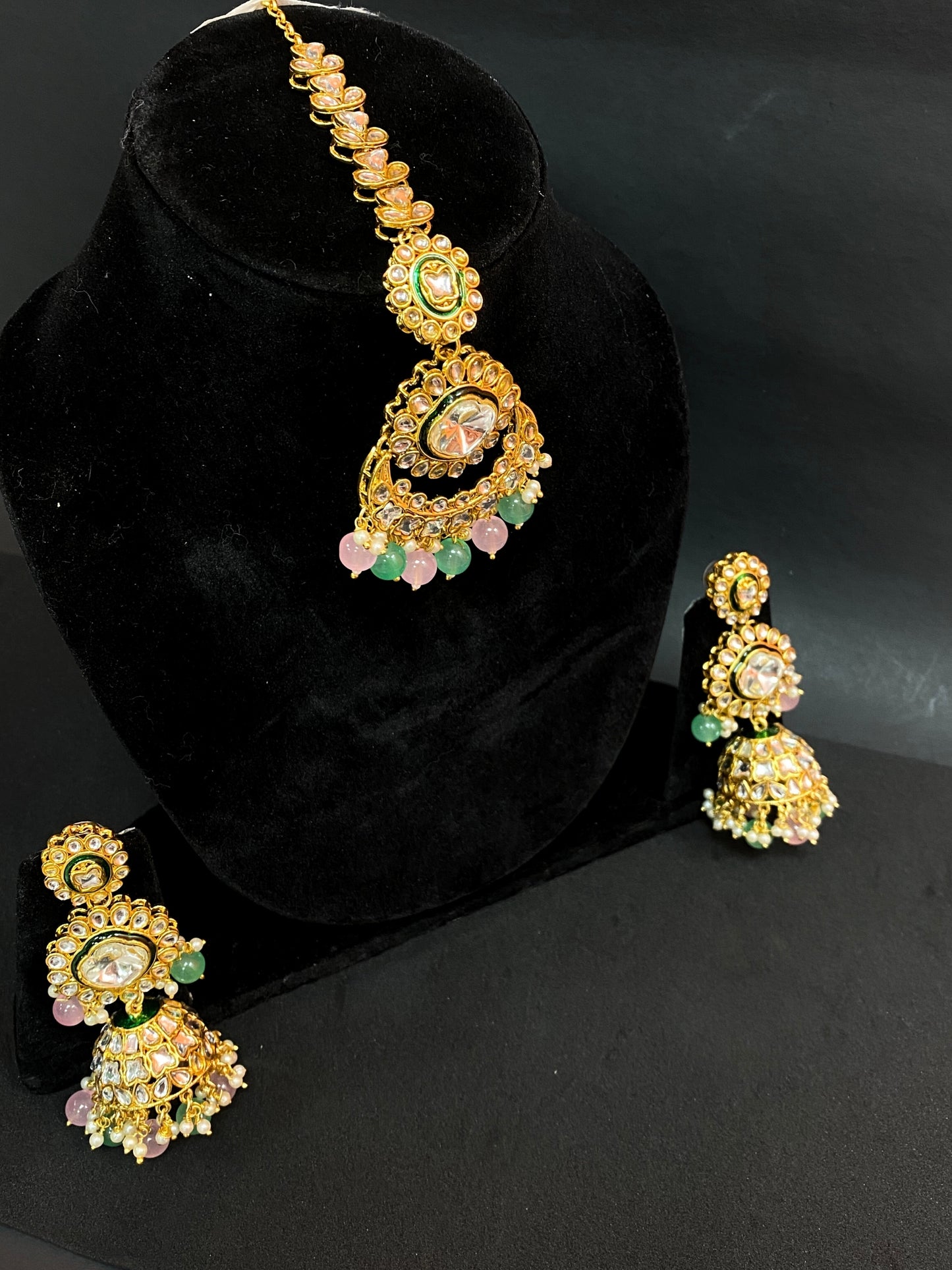 Kundan Maang Tikka & Jhumka Earrings Set with Green Pink Beads