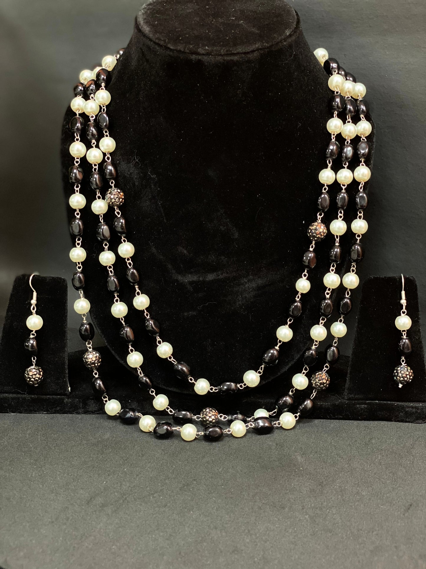 Black & Pearl Multi Layer Long Beaded Necklace Set with Matching Earrings