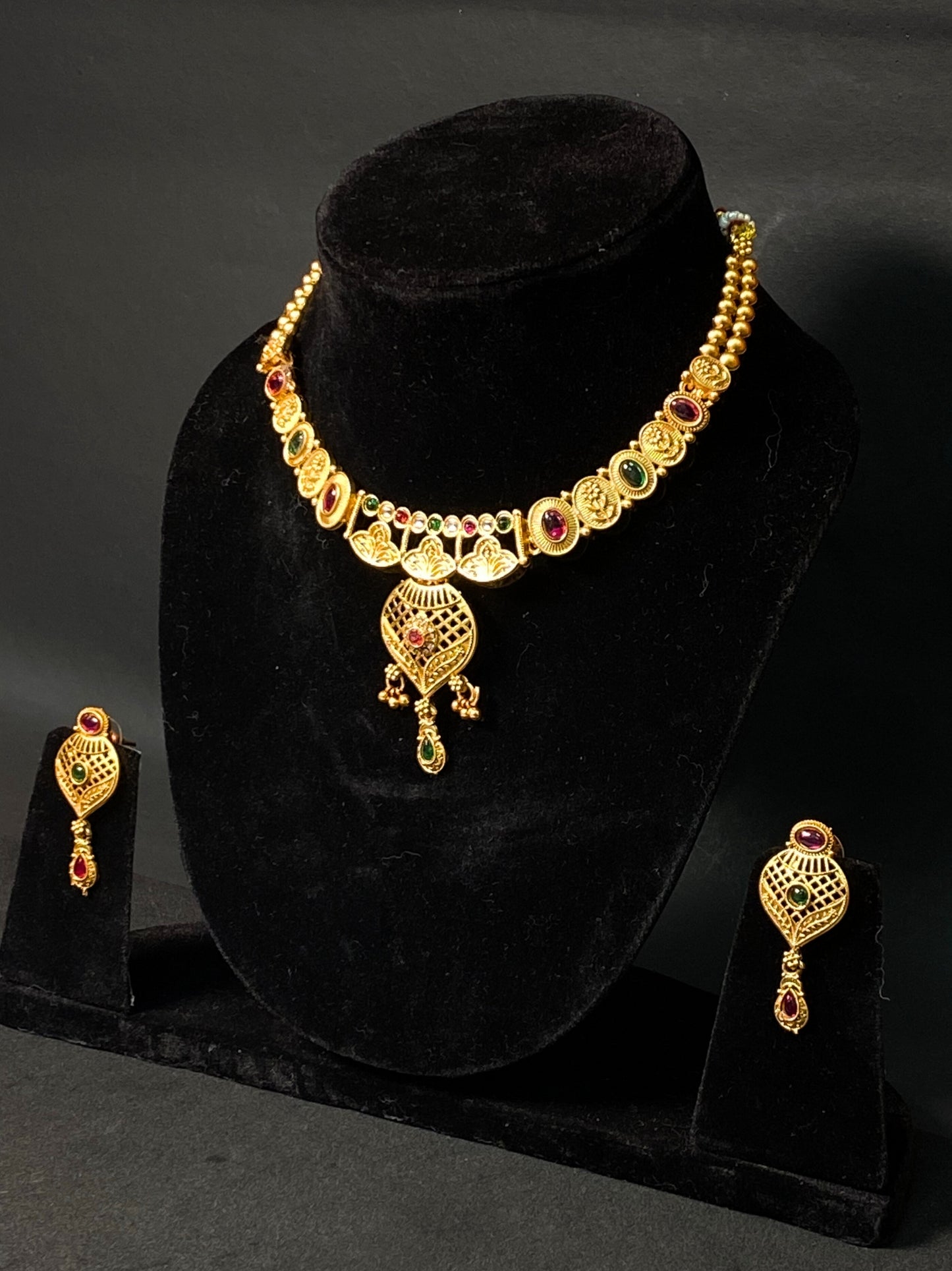 Traditional Necklace Set with Green & Red Stone Pendant and Matching Earrings