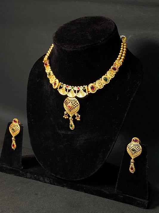 Traditional Necklace Set with Green & Red Stone Pendant and Matching Earrings