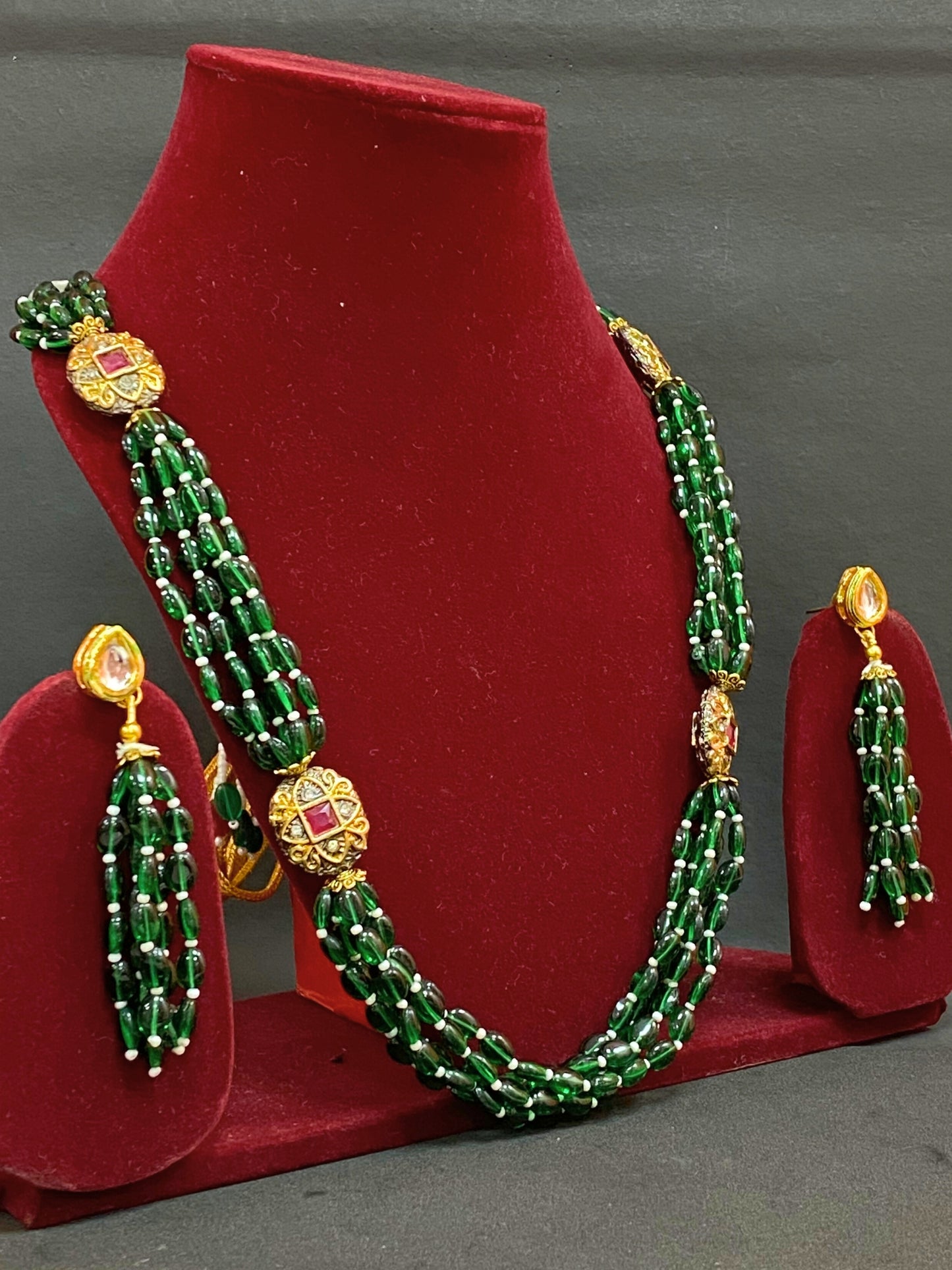 Green Beaded Multi Strand Long Necklace Set with Kundan Work & Matching Earrings