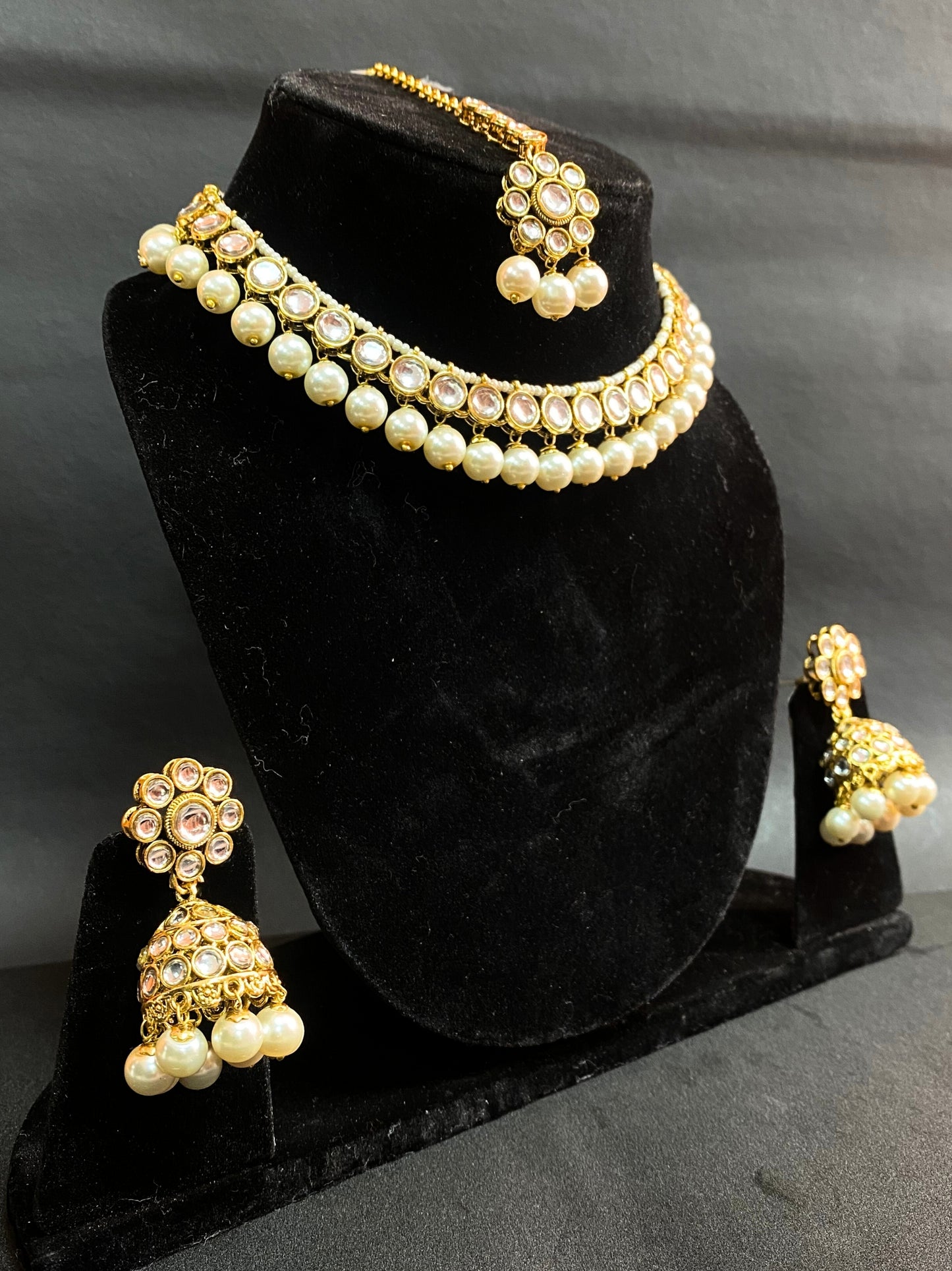 Gold Plated Kundan Pearl Choker Necklace Set with Maang Tikka & Jhumka Earrings