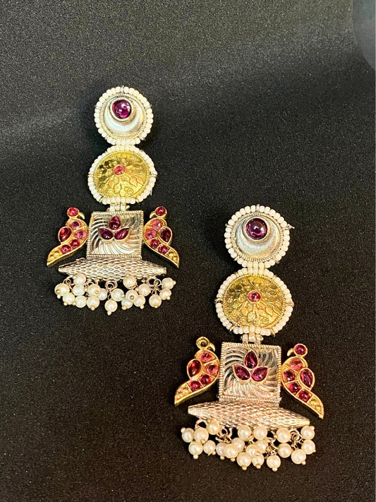 Traditional Oxidised & Gold-Plated Temple Earrings with Ruby Stones & Pearl Drops