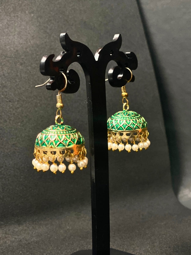Meenakari Jhumka Earrings with Pearl Drops - Traditional Indian Ethnic Jewelry