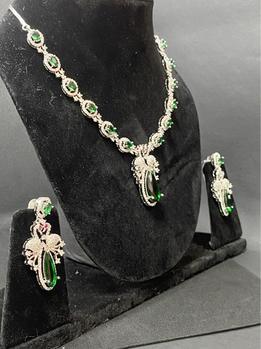 Premium Party Wear AD Necklace Set with Green Drop Pendant