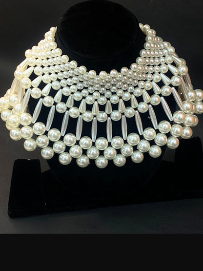 White Pearl Choker Necklace | Statement Pearl Necklace with Adjustable Chain