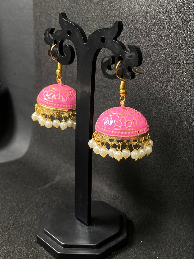 Meenakari Jhumka Earrings with Pearl Drops - Traditional Indian Ethnic Jewelry