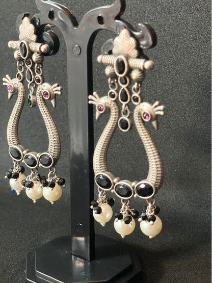 Trendy Oxidised Silver Peacock-Design Earrings with Black Stones & Pearl Beads