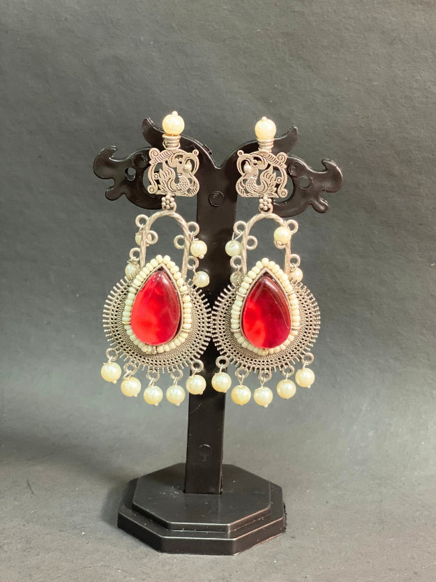 Traditional Oxidised Silver Red Tear-Drop Stone Dangler Earrings with Pearl Hangings