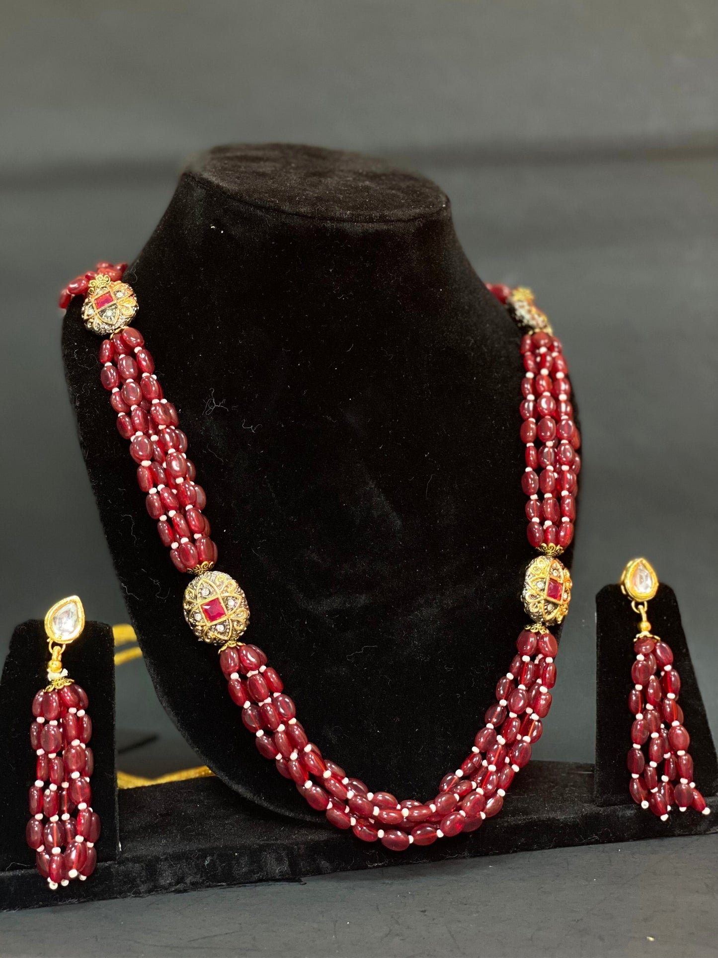 Maroon Beaded Multi Strand Long Necklace Set with Kundan Work & Matching Earrings