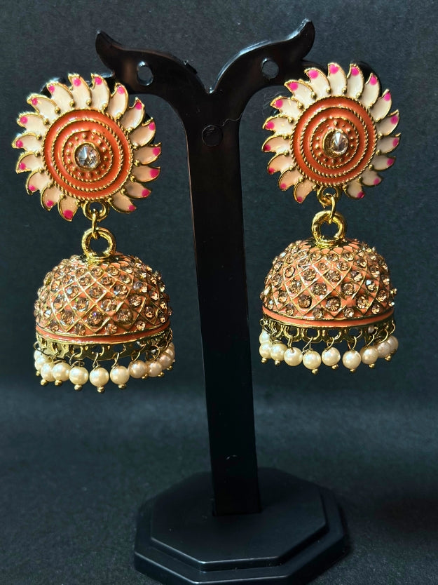 Orange & White Meenakari Jhumka Earrings with Pearl Drops