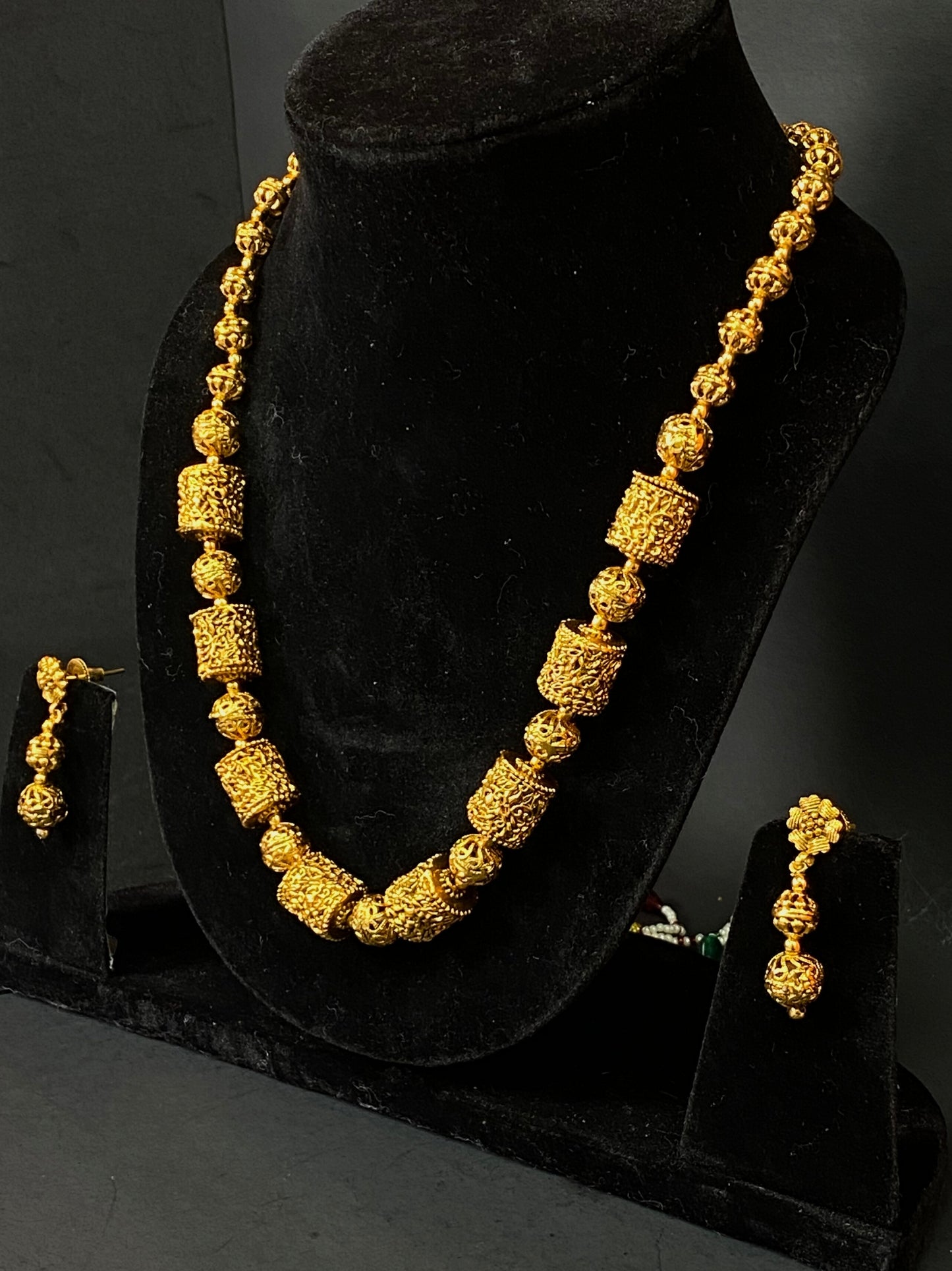 Golden Traditional Beaded Necklace Set with Matching Earrings